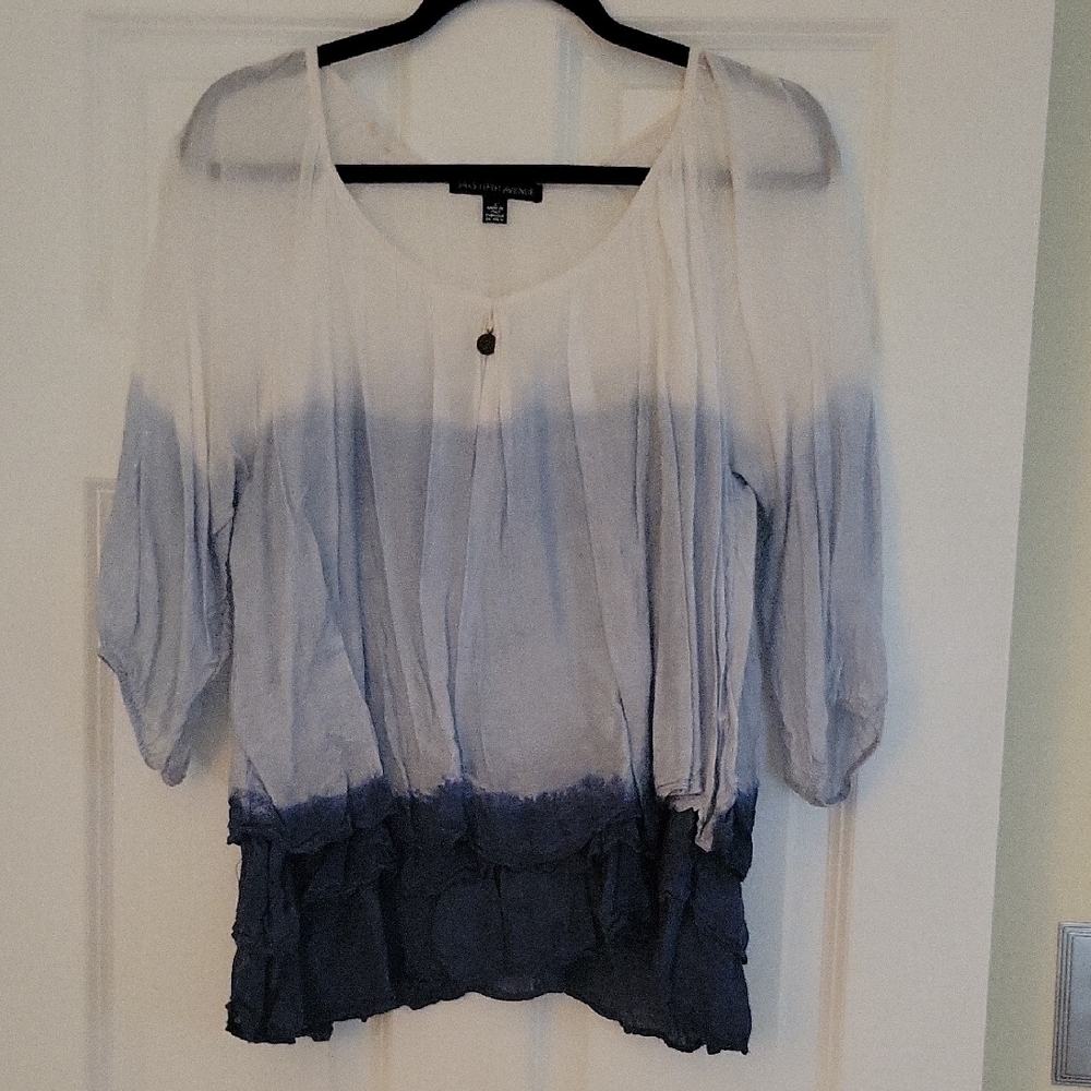 Saks Fifth Avenue White and Blue Ruffled Blouse with 3/4 Sleeves